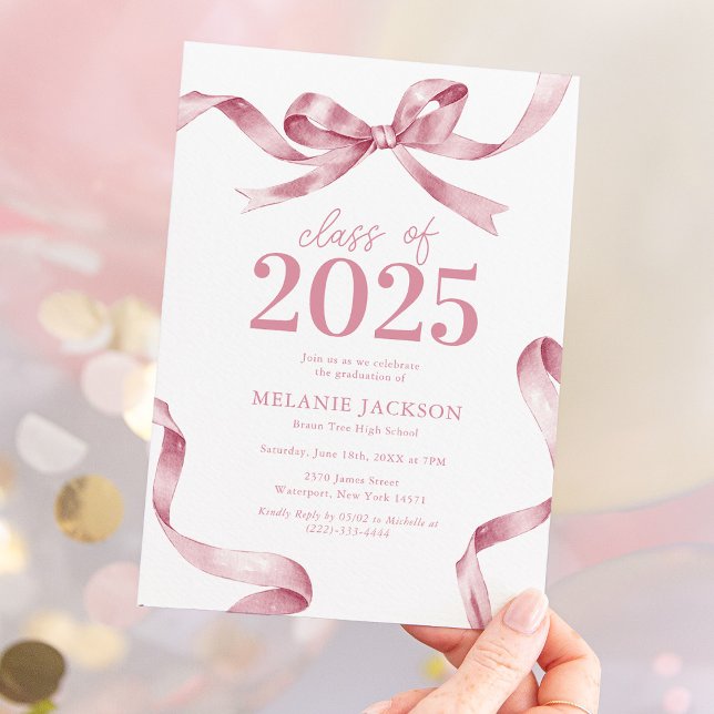 Invitación Elegante Partido de Graduación de Bow Rosa (Subido por el creador)