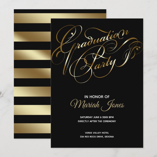 Invitación Elegante Partido de Graduación de Caligrafía Negra (Anverso / Reverso)