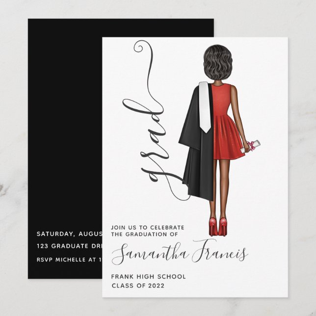 Invitación Elegante Partido de Graduación de Chicas Rojo, Neg (Anverso / Reverso)