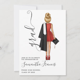 Invitación Elegante Partido de Graduación de Chicas Rojo, Neg