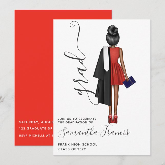 Invitación Elegante Partido de Graduación de Chicas Rojo, Neg (Anverso / Reverso)