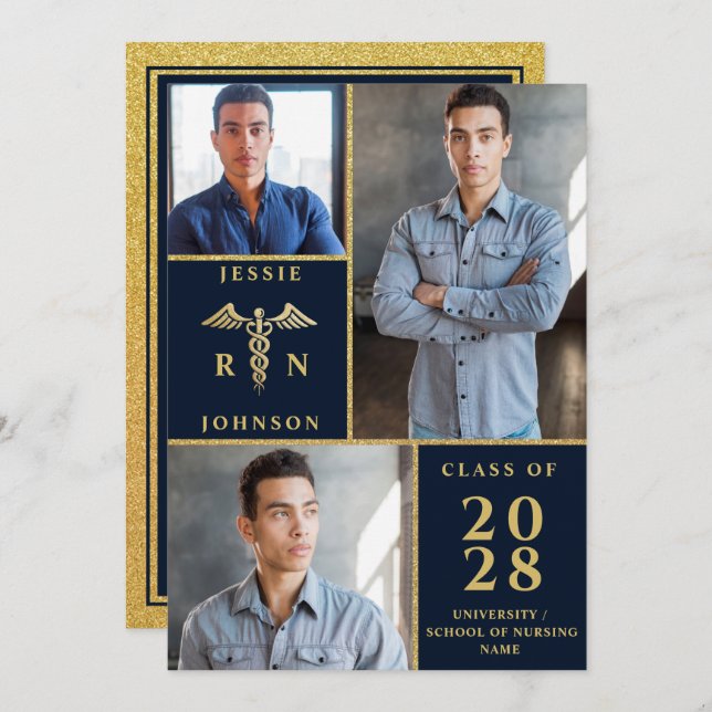 Invitación Elegante Partido de Graduación de Enfermería Golde (Anverso / Reverso)