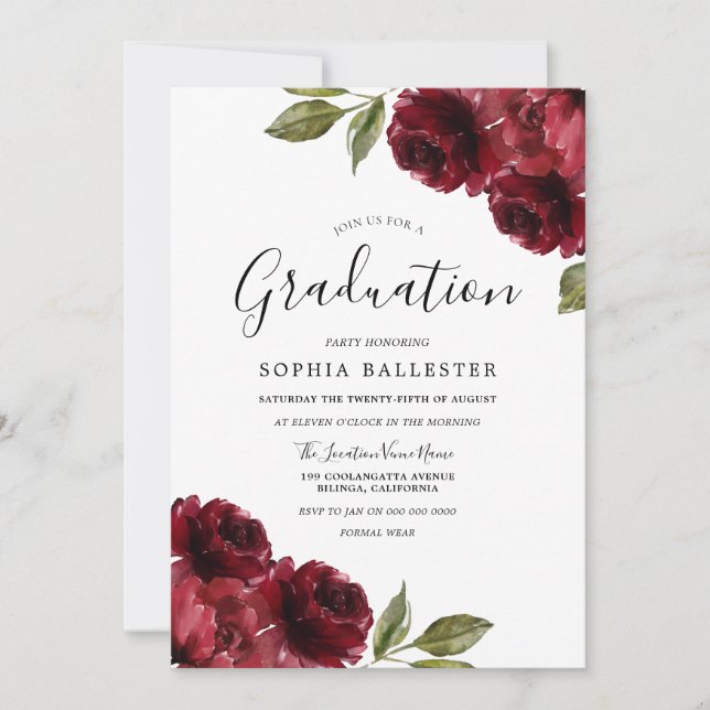 Invitación Elegante Partido de Graduación de Flores Rojas de  (Anverso)