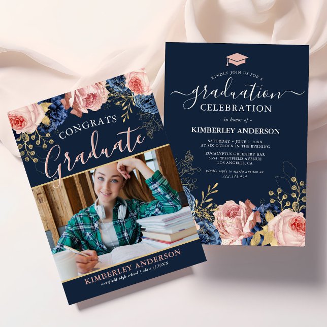 Invitación Elegante Partido de Graduación de Foto Floral (Subido por el creador)