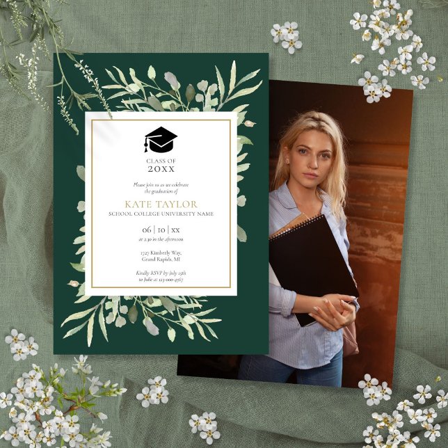 Invitación Elegante Partido de Graduación de Fotografías de E (Elegant Emerald Greenery Photo Graduation Party Invitation)