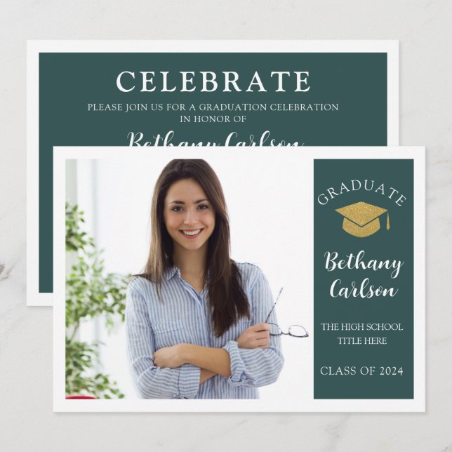 Invitación Elegante Partido de Graduación de Fotografías Verd (Anverso / Reverso)