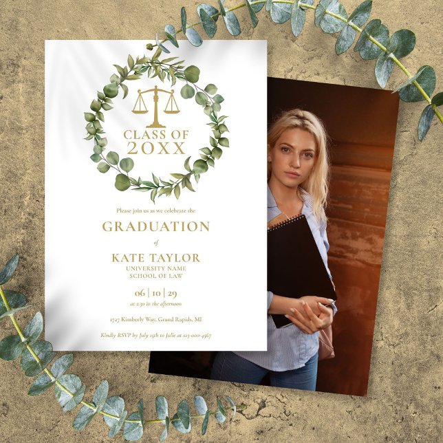 Invitación Elegante partido de graduación de la Escuela de Fo (Elegant Garland Photo Law School Graduation Party Invitation)