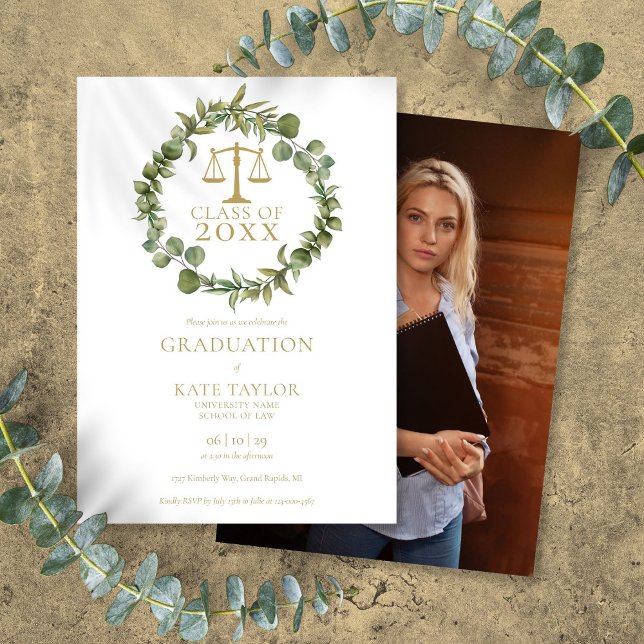 Invitación Elegante partido de graduación de la Escuela de Fo (Elegant Garland Photo Law School Graduation Party Invitation)