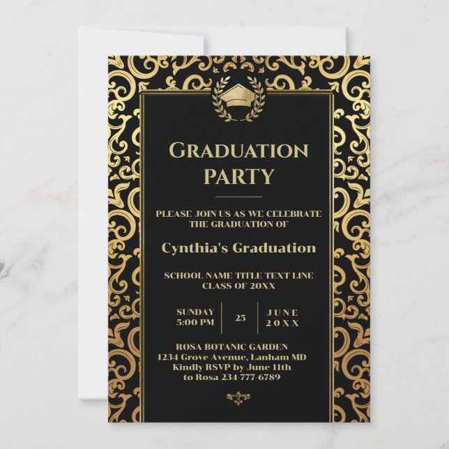 Invitación Elegante partido de graduación de marco dorado (Anverso)