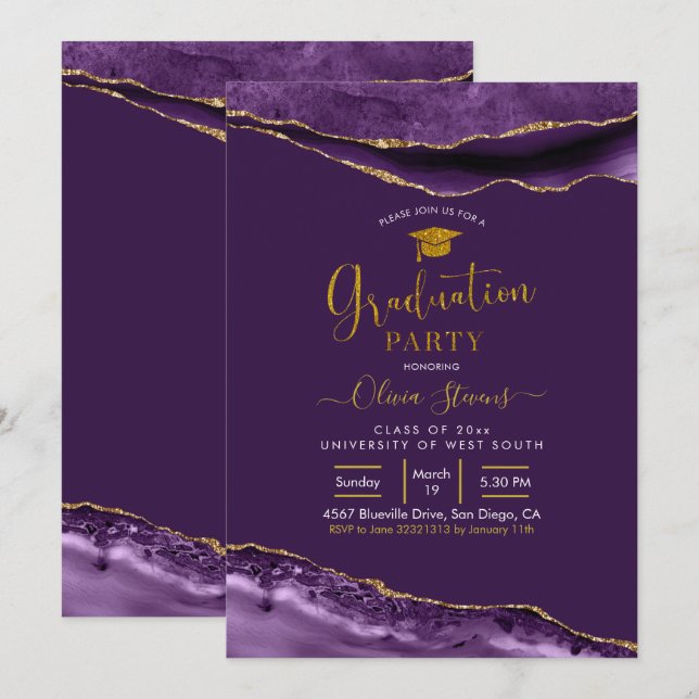 Invitación Elegante partido de graduación de morado y oro (Anverso / Reverso)