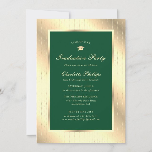 Invitación Elegante Partido de Graduación de Oro Verde (Reverso)