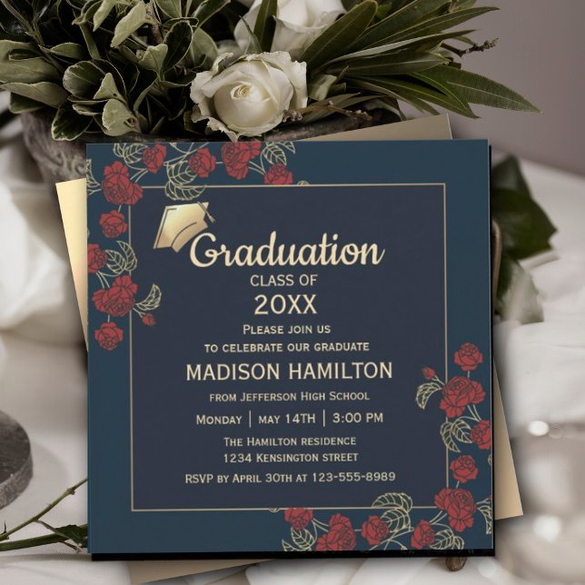 Invitación Elegante Partido de Graduación de Oro y Rojo (Elegant Red and Gold Graduation Party Invitation #graduationinvitation #elegantredandgold #graduate)