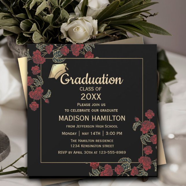 Invitación Elegante Partido de Graduación de Oro y Rojo (Elegant Red and Gold Graduation Party Invitation #graduationinvitation #elegantredandgold #graduate)