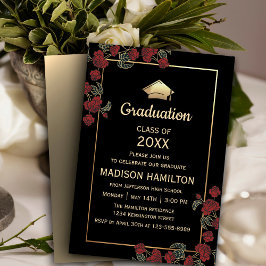 Invitación Elegante Partido de Graduación de Oro y Rojo