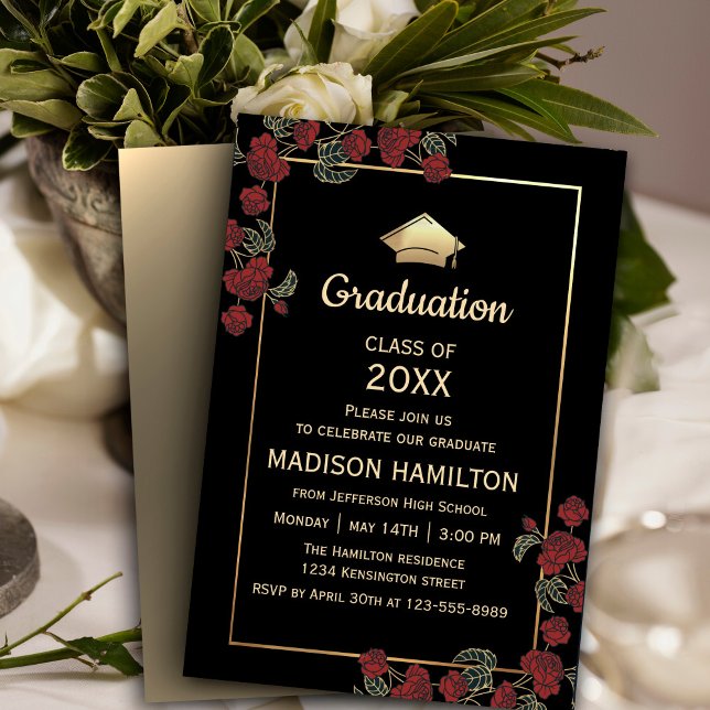 Invitación Elegante Partido de Graduación de Oro y Rojo (Celebrate your success in elegance! Our Elegant Red and Gold Graduation Party Invitation is adorned )