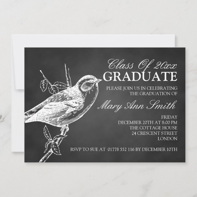 Invitación Elegante partido de graduación de pájaros de Chalk (Anverso)