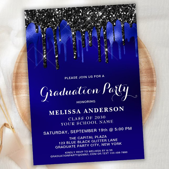 Invitación Elegante partido de graduación de Purpurina negro  (Subido por el creador)