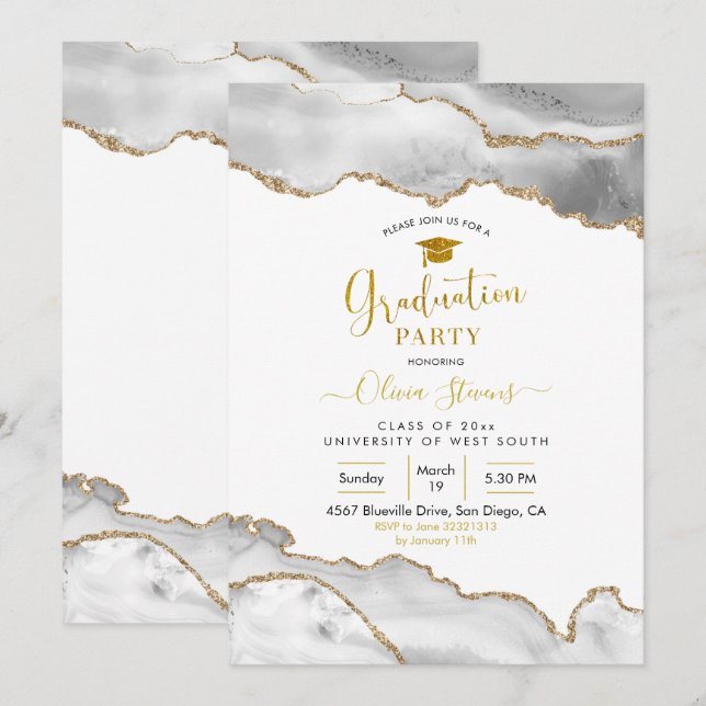 Invitación Elegante Partido de Graduación del Agate Blanco y  (Anverso / Reverso)