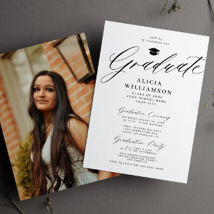 Invitación Elegante partido de graduación en blanco y negro