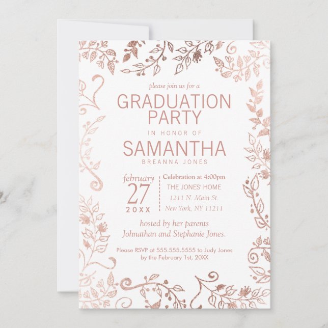 Invitación Elegante Partido de Graduación Floral de Oro Rosa  (Anverso)