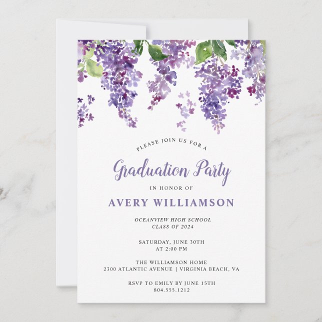 Invitación Elegante Partido de Graduación Floral Lilac (Anverso)