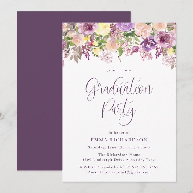 Invitación Elegante Partido de Graduación Floral Morada Radia (Anverso / Reverso)