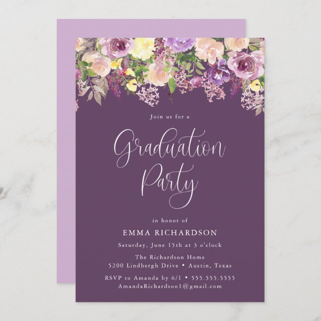 Invitación Elegante Partido de Graduación Floral Morada Radia (Anverso / Reverso)