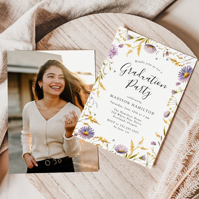 Invitación Elegante partido de graduación floral morado y ama (Subido por el creador)