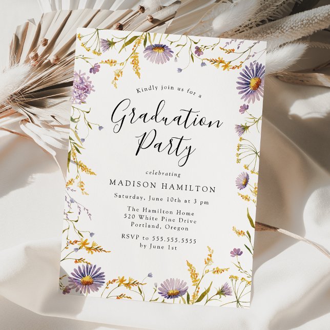 Invitación Elegante partido de graduación floral morado y ama (Subido por el creador)