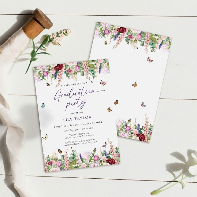 Invitación Elegante Partido de Graduación Floral Púrpura Rosa (Subido por el creador)