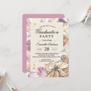 Invitación Elegante Partido de Graduación Floral Púrpura y Pa