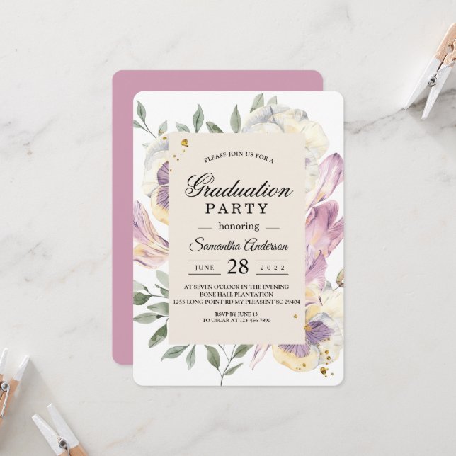 Invitación Elegante Partido de Graduación Floral Púrpura y Pa (Anverso/Reverso In Situ)