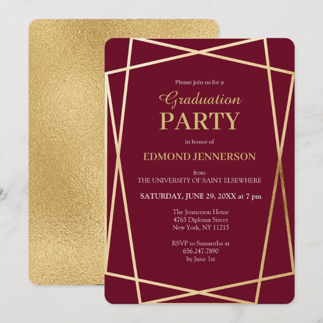 Invitación Elegante Partido de Graduación Geométrica de Oro d (Anverso / Reverso)