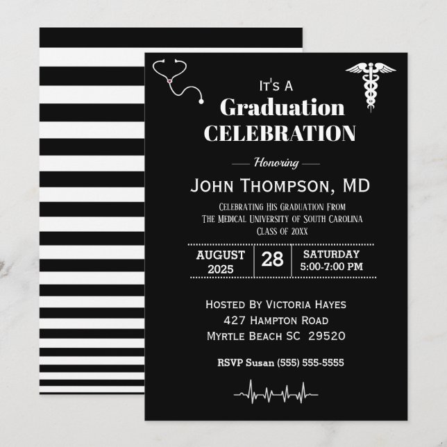 Invitación Elegante Partido de Graduación Médica Negro y Blan (Anverso / Reverso)