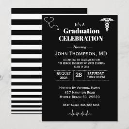 Invitación Elegante Partido de Graduación Médica Negro y Blan