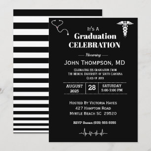 Invitación Elegante Partido de Graduación Médica Negro y Blan