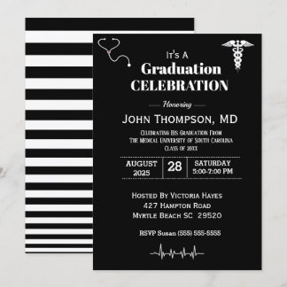 Invitación Elegante Partido de Graduación Médica Negro y Blan