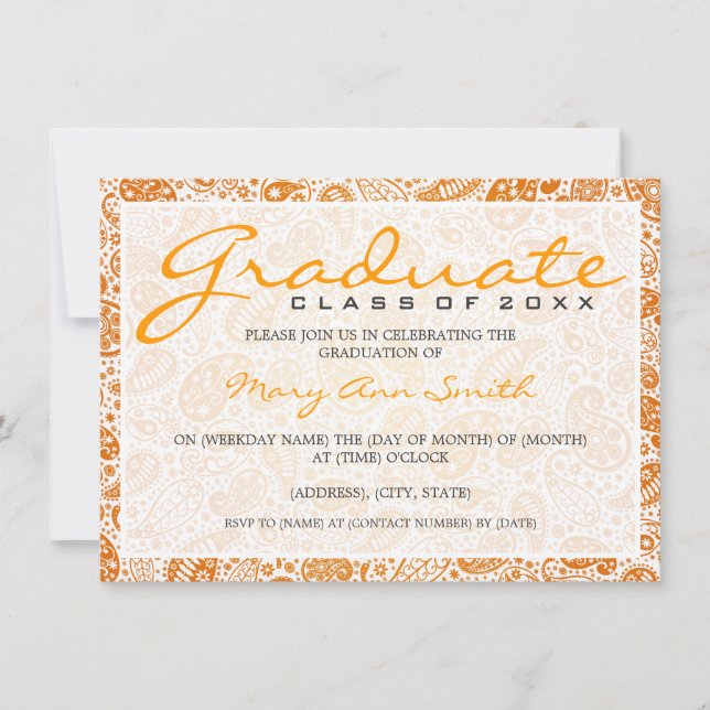Invitación Elegante Partido de Graduación Paisley Naranja (Anverso)
