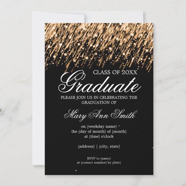 Invitación Elegante partido de graduación que cae Stars Gold (Anverso)
