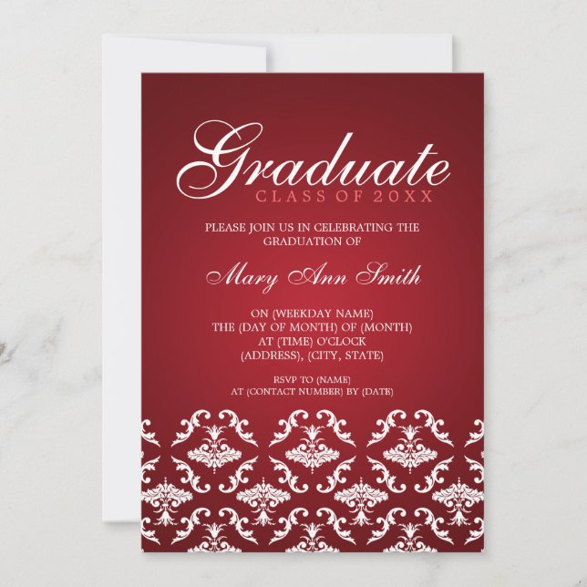 Invitación Elegante Partido de Graduación Rojo Damasco (Anverso)