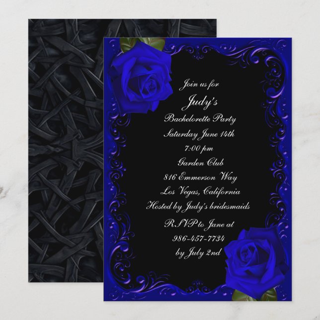 Invitación Elegante partido de la Bachelorette para Rosas Azu (Anverso / Reverso)