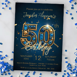 Invitación Elegante Partido de los 50 Años, Azul y Oro