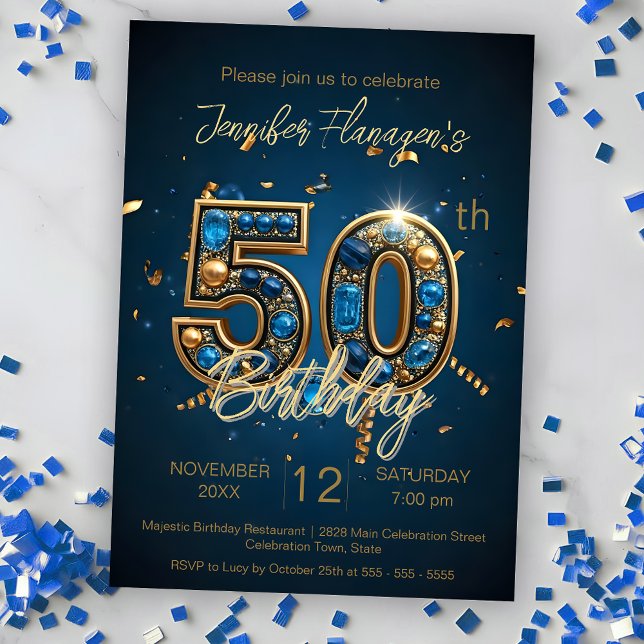 Invitación Elegante Partido de los 50 Años, Azul y Oro (Subido por el creador)