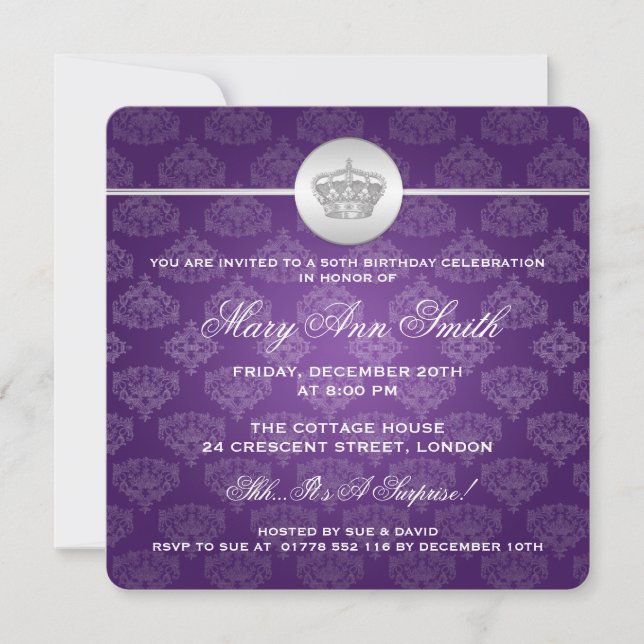 Invitación Elegante partido de los 50 años, Royal Crown Purpl (Anverso)