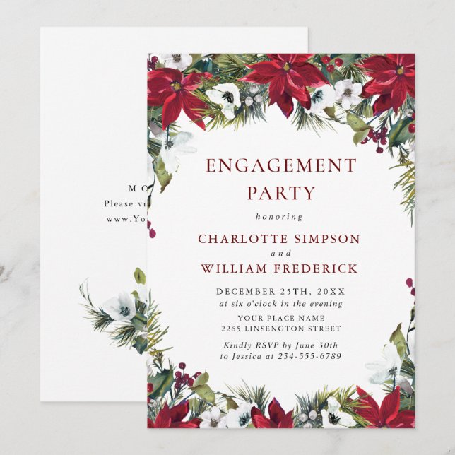 Invitación Elegante partido de Navidades de la Poinsettia Roj (Anverso / Reverso)