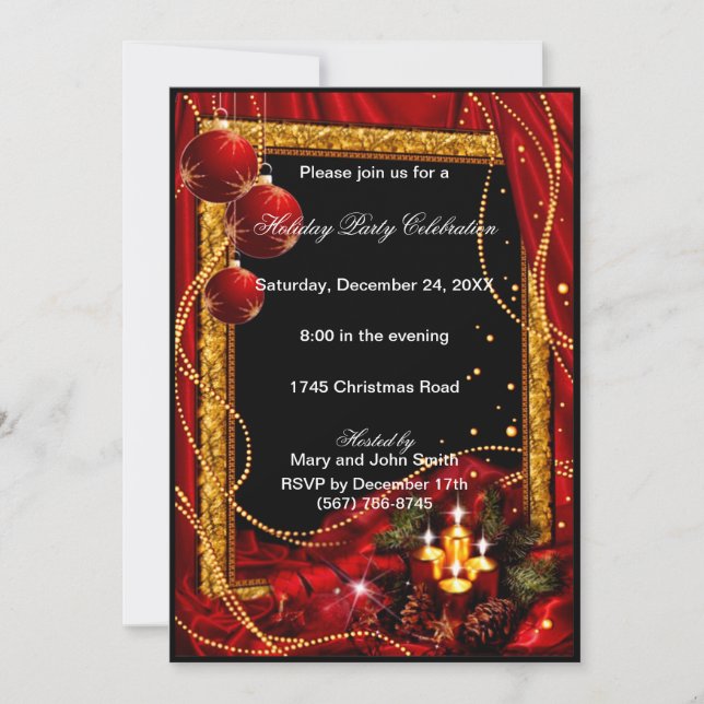 Invitación Elegante Partido de Navidades de Oro Rojo (Anverso)