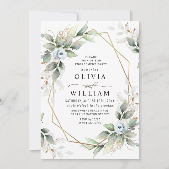 Invitación Elegante PARTIDO Dusty Blue Greenery (Anverso)