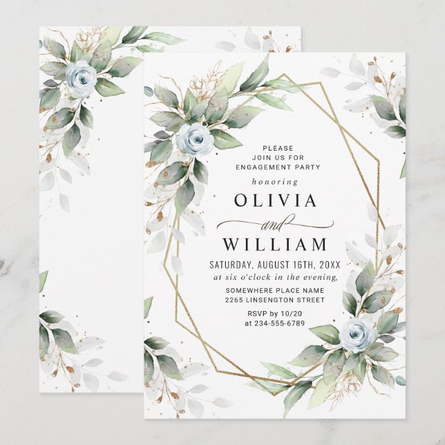 Invitación Elegante PARTIDO Dusty Blue Greenery (Anverso / Reverso)