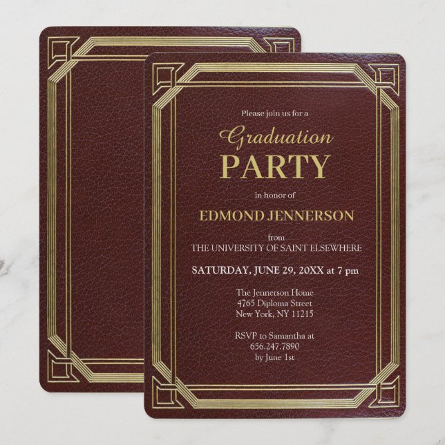 Invitación Elegante Partido Formal de Graduación Burgundy Gol (Anverso / Reverso)