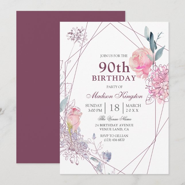 Invitación Elegante partido geométrico rosa rosa 90 cumpleaño (Anverso / Reverso)